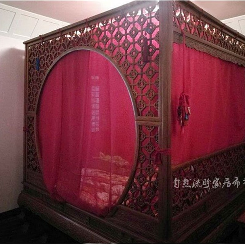 中式明清仿古双月洞床花梨木古典架子床纱喜庆婚庆结婚蚊帐床幔纱