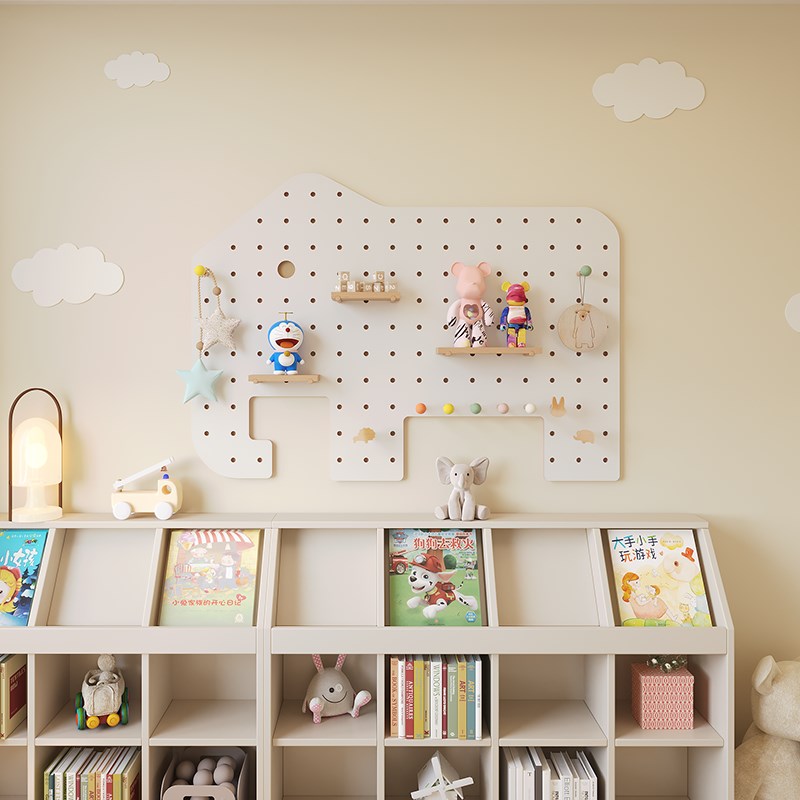实木洞洞板置物架配件儿童房免打孔装饰造型墙上展示架挂衣架一体