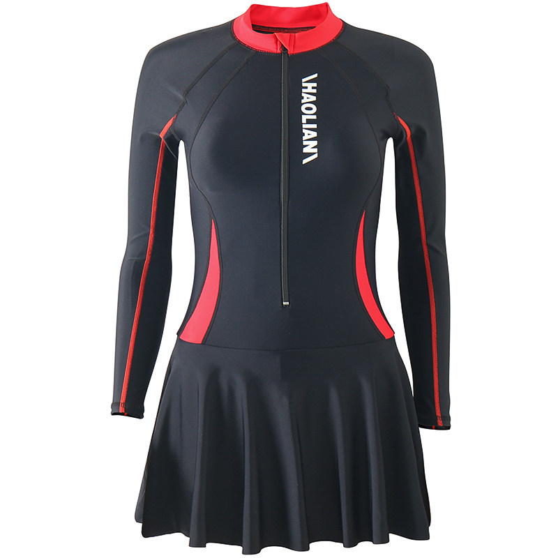 泳衣女保守裙式连体平角遮肚加大码学生显瘦拉链长袖套装防晒温泉