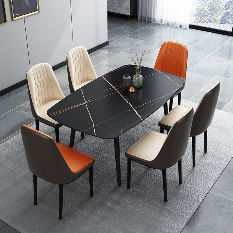 现代简约金属长方形岩板餐桌椅组合家用双色方桌小户型经济型饭厅