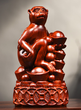 花梨木雕刻猴子摆k件生肖猴实木质灵猴献桃办公装饰送礼红木工艺