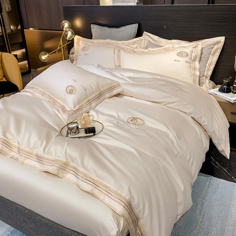 意大利轻奢40支纯棉床上品四件套10用全0棉贡缎刺APO绣纯色1被套