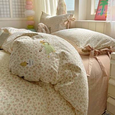 棉麻小清新蝴蝶结绑带款四件套少女心印花被套床单三件套亲肤被罩