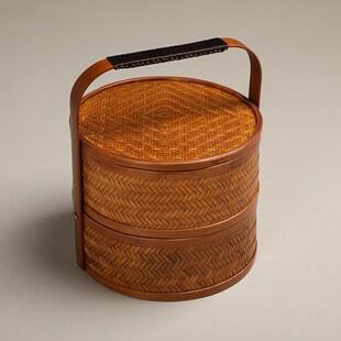 大漆双层圆形食盒复m古中式 传统竹制竹编手工收纳藤编麻绳加固盒