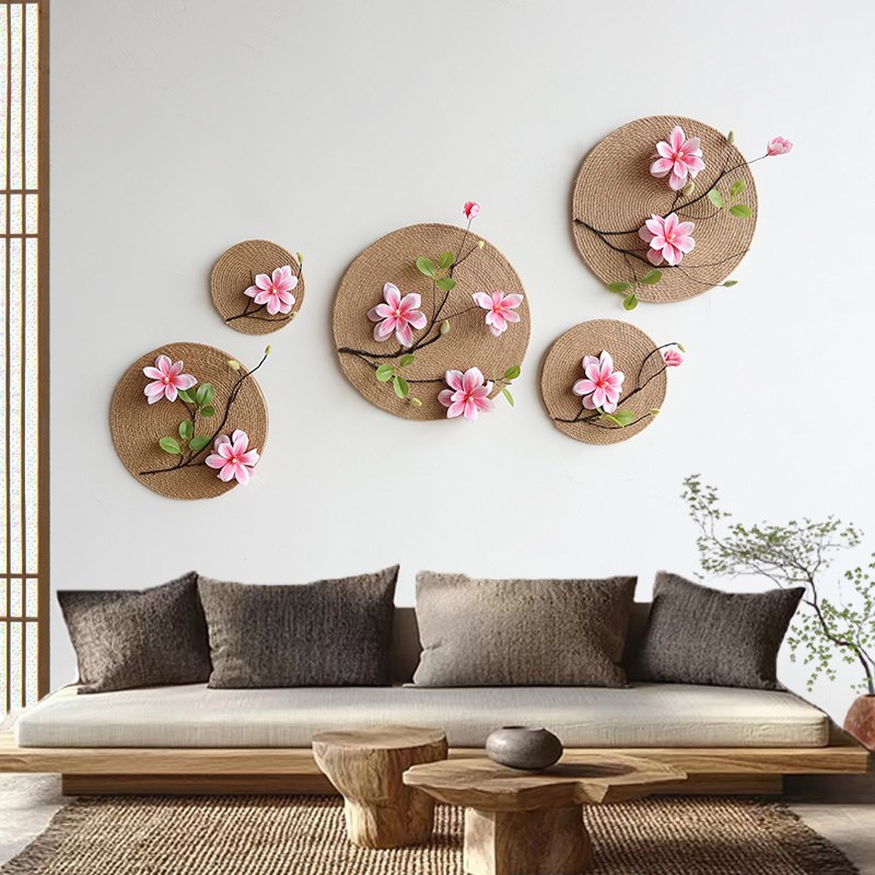 新中式墙面装饰挂件墙上立体圆形壁饰客厅背景墙植Z物花艺壁挂