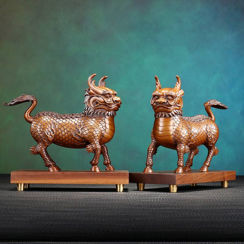 紫铜麒麟摆件一对威武麒麟摆件家居办公室装饰工艺品