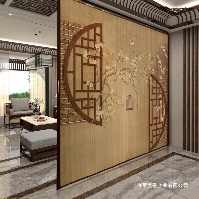 折叠竹帘门帘印花断折风帘子简易商铺推拉客厅屏风家用竹帘子竹帘