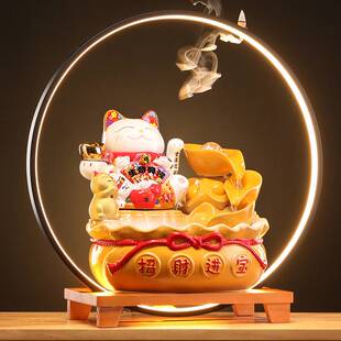 新中式招财猫电动招手摆件陶瓷流水生财led灯发光福袋前台发财猫
