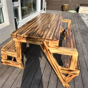 7T户院不折叠椅01桌椅一体别墅花园餐桌露天折叠桌怕淋雨实木碳外化木庭桌