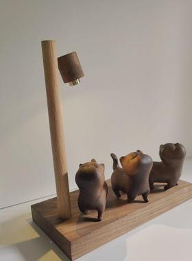 软萌系实木路灯傲娇猫头木687制件桌面摆氛围柜床子小夜灯