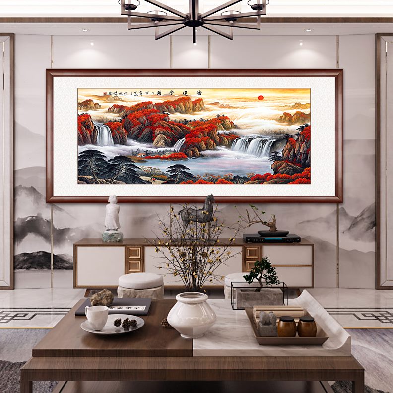 鸿运当头国画新中式聚宝盆定制山水画手绘办公室挂画旭日东升客厅
