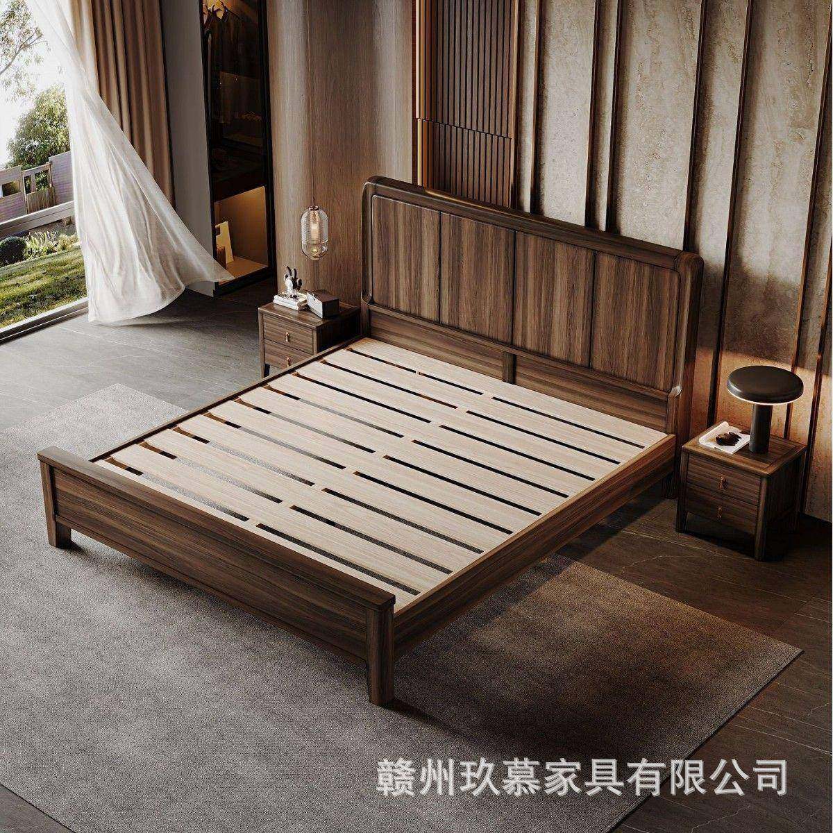 黑胡桃木全木1.5米米现代简约主卧床1床.8H06#双人床高箱储物大实