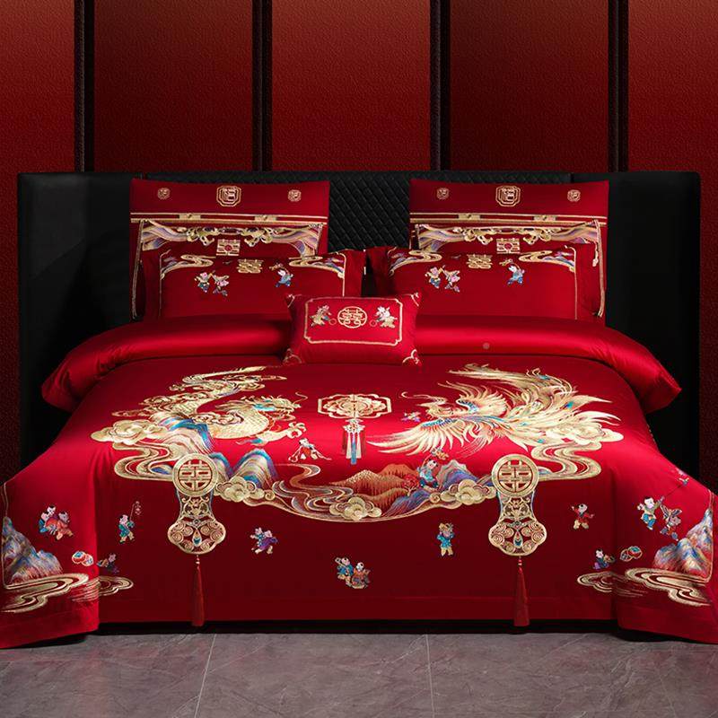 婚庆婚四件套喜结婚凤床上用品龙纯棉婚嫁TTqzufwm婚床新大红庆喜