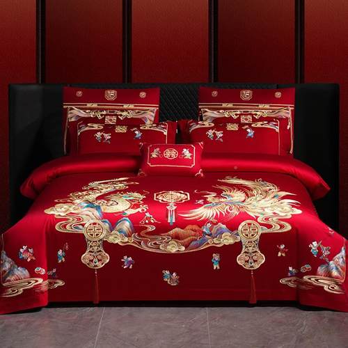 婚庆婚四件套喜结婚凤床上用品龙纯棉婚嫁TTqzufwm婚床新大红庆喜