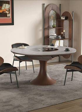 2025款岩板餐桌椅组合电磁炉暖菜转VEZ盘可伸饭缩带方圆两用实木