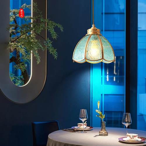 梯新条中式餐厅全928吊灯中国风长灯铜玻璃小吊灯茶室书房吧台楼