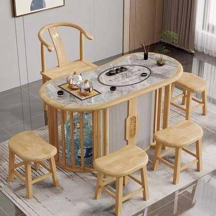 新中式无品牌/岩板家阳台茶几桌实木茶桌椅组茶合小型用自户动上