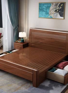 超厚胡桃木中式实木床1.8米.床5m床简约现代储高1箱物VTU双人卧室