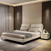 意式 米型双人主卧婚1.5m软 轻奢皮床床约现代小户实木床1.简8T02