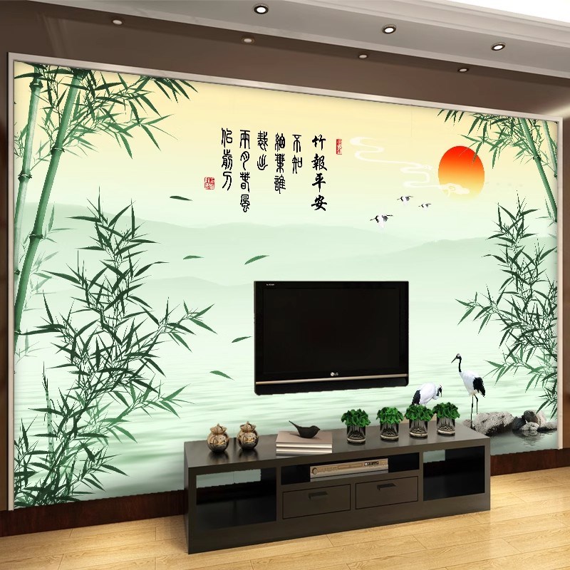 梅兰竹菊新中式电视背景墙布壁纸8Dd影视墙纸古风茶室竹子定制壁