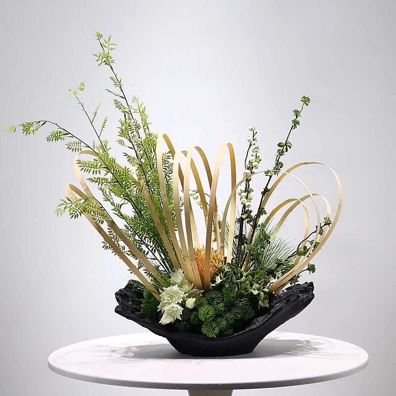新中式现代仿真绿植花艺竹筏架构玄关城市展厅售楼处酒店前台摆件