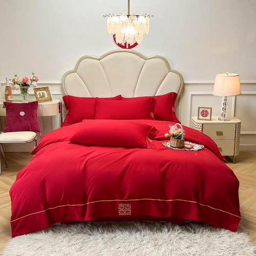 亲肤水洗棉加厚毛婚庆刺绣四件套大2812LMJ套红结被婚款磨四件套