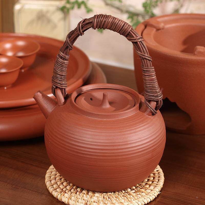 红泥手工壶藤条提梁煮砂泡铫茶室家用户null#153外茶茶烧水家用陶