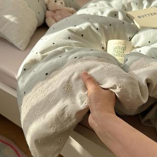 2052新款 小清新皱皱纱花边棉蕾丝水洗情侣熊床上四件笠套 A类法式