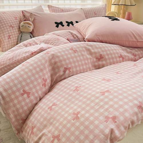 公风纯主棉上四件套套全棉水洗棉粉色床品床lxy20240蝴蝶结被床单