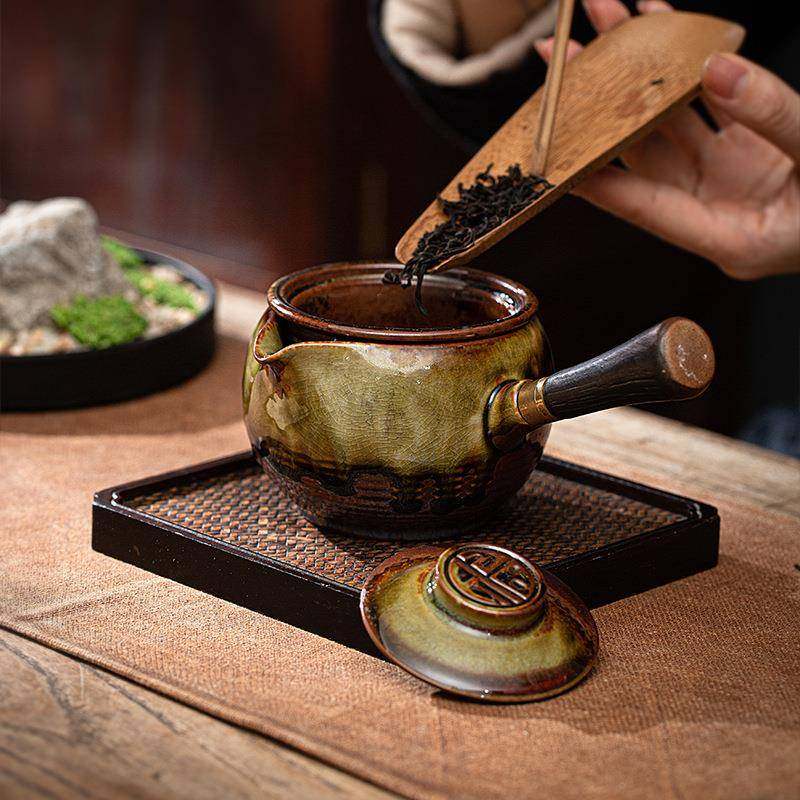 仿古柴烧流釉侧把壶复古CS167窑变滤陶瓷大容量过具实普木侧把茶