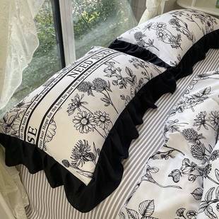舍2024新赫本风棋款 床赫本风花边水洗棉套四件单被套学生宿三件套