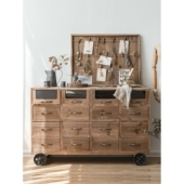 润家家居美式 复古简约餐边柜做旧木柜子花店带轮子收纳柜实木斗s^