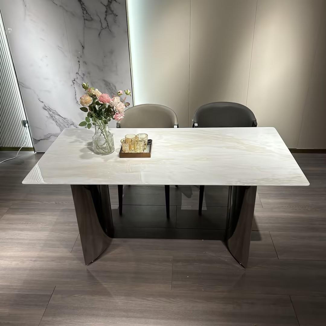 进口卡里冰玉天然大理石餐桌意式极简长方形别墅大平层奢石饭餐桌