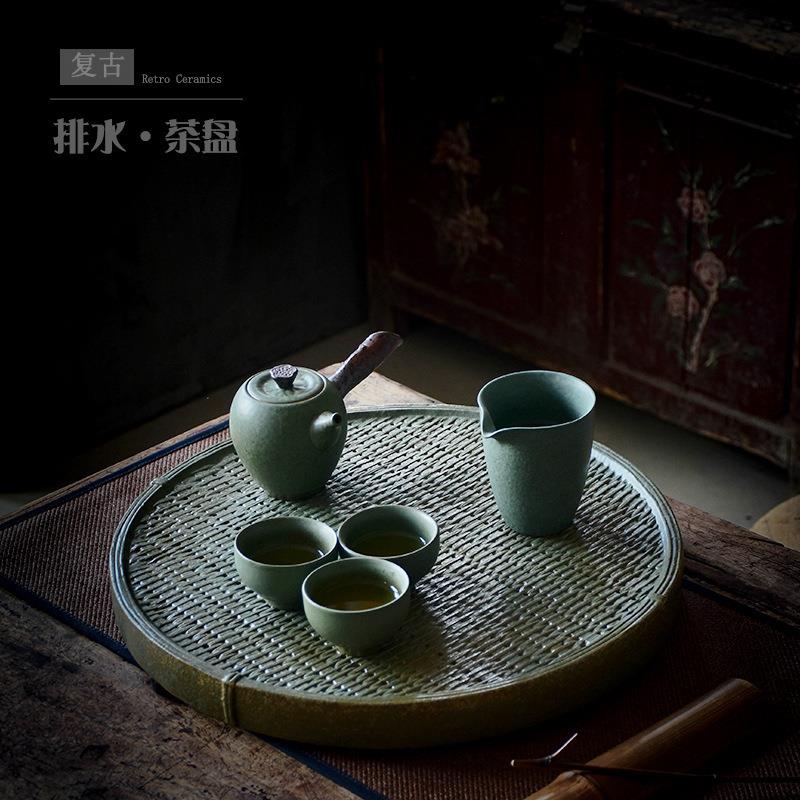 德化陶瓷茶盘带排水圆形日式创意茶托盘干泡茶台储水式茶具