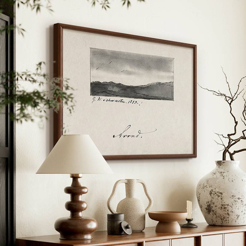 素描远山》法式复古黑白风景装饰画客餐厅中古风美式玄关艺术挂画