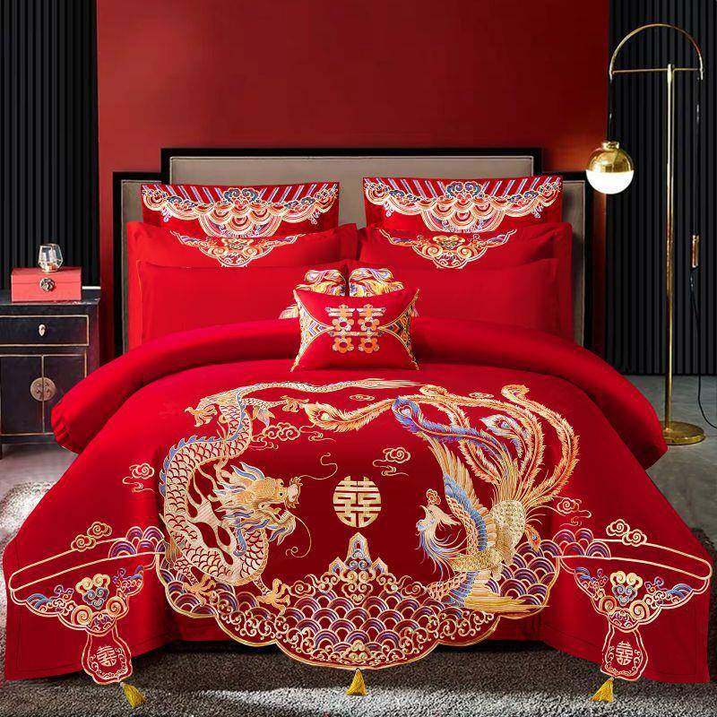 婚庆四件套龙凤刺绣被套新婚陪嫁结婚六件套床上用品大红婚礼喜被