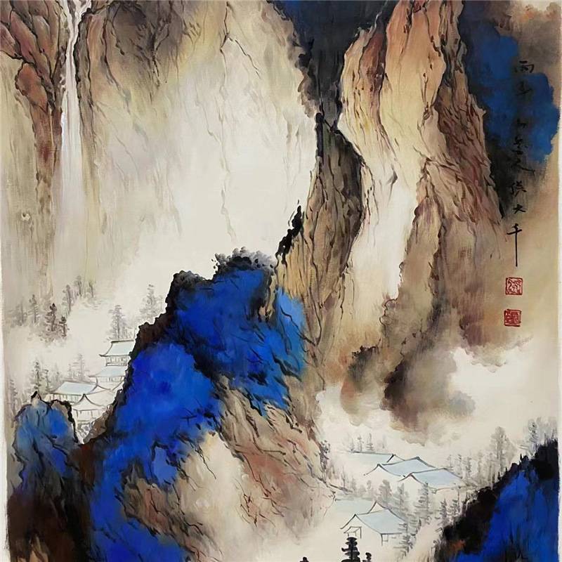 纯手绘油画新中式国画泼彩泼墨山水风景玄关客厅风水招财装饰挂画