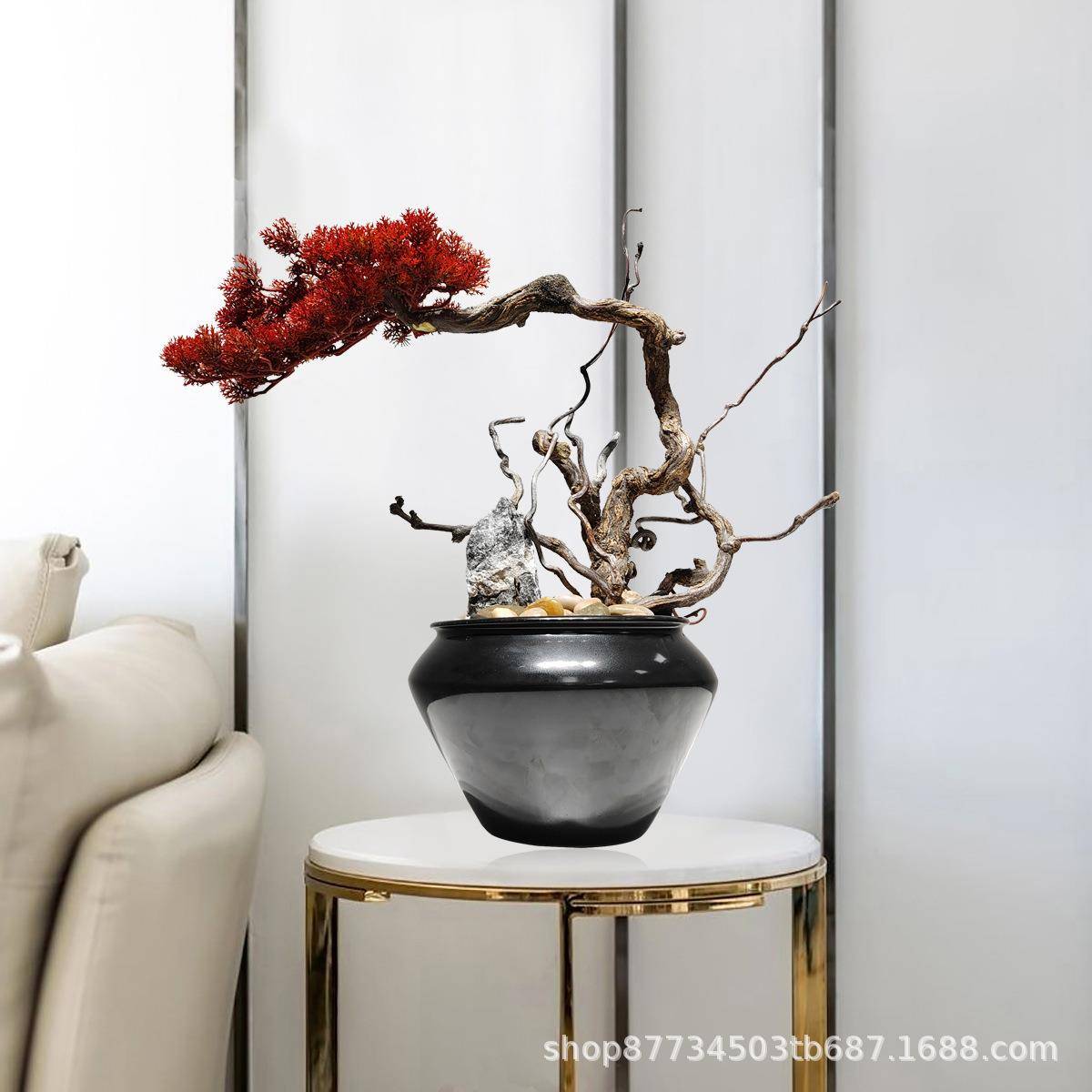 新中式崖柏绿植盆视景842饰样房电柜售楼处玄关桌酒店前板台装品