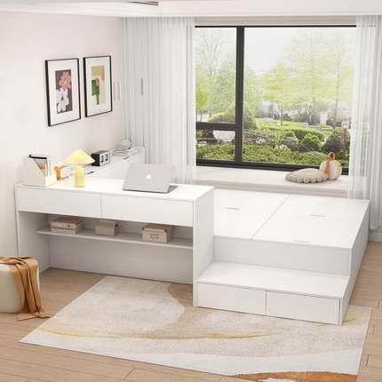 卧室多高功榻榻米型床加书桌一体简能约小户箱LIB储物板式儿童床