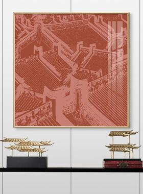 新中饰画奢红色建筑群古典艺术轻客厅沙发墙玄关壁画方装形挂YZ20