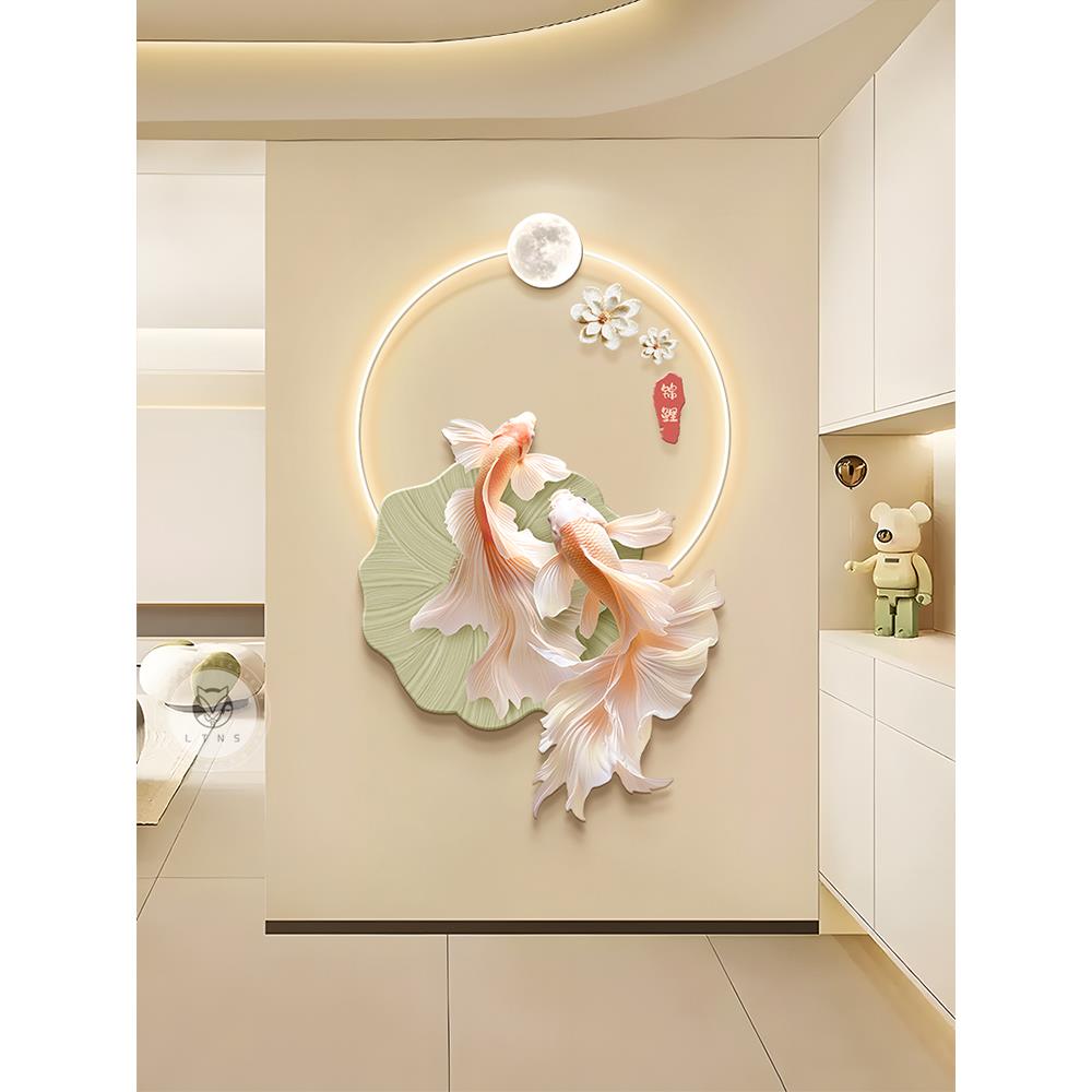 Θ奶油饰风入装户玄关画锦Fh($px}d鲤挂荷花走廊过道画感led灯发