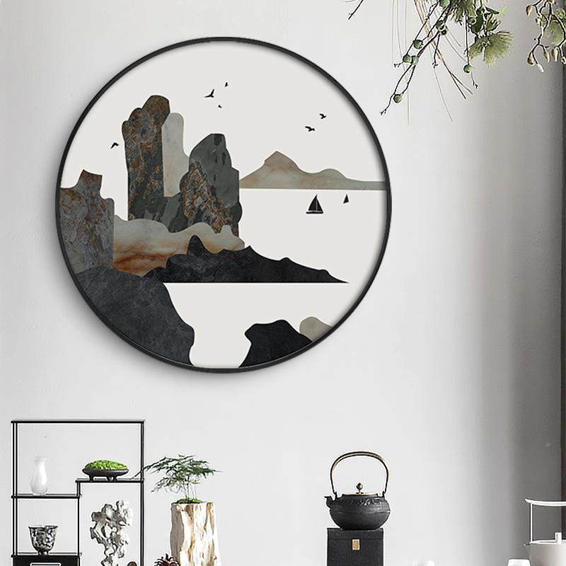 YZ202406店新中式酒玄样板房挂画抽关象形山水书法圆茶室绿色装饰