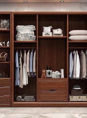 门中式全实木拉衣柜家XPT用卧室胡桃色现代简约新款衣橱趟推挂衣