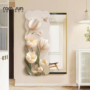 奶镜油风全身镜饰画卧室多功能衣子画玄关隐藏穿式推拉装镜202405