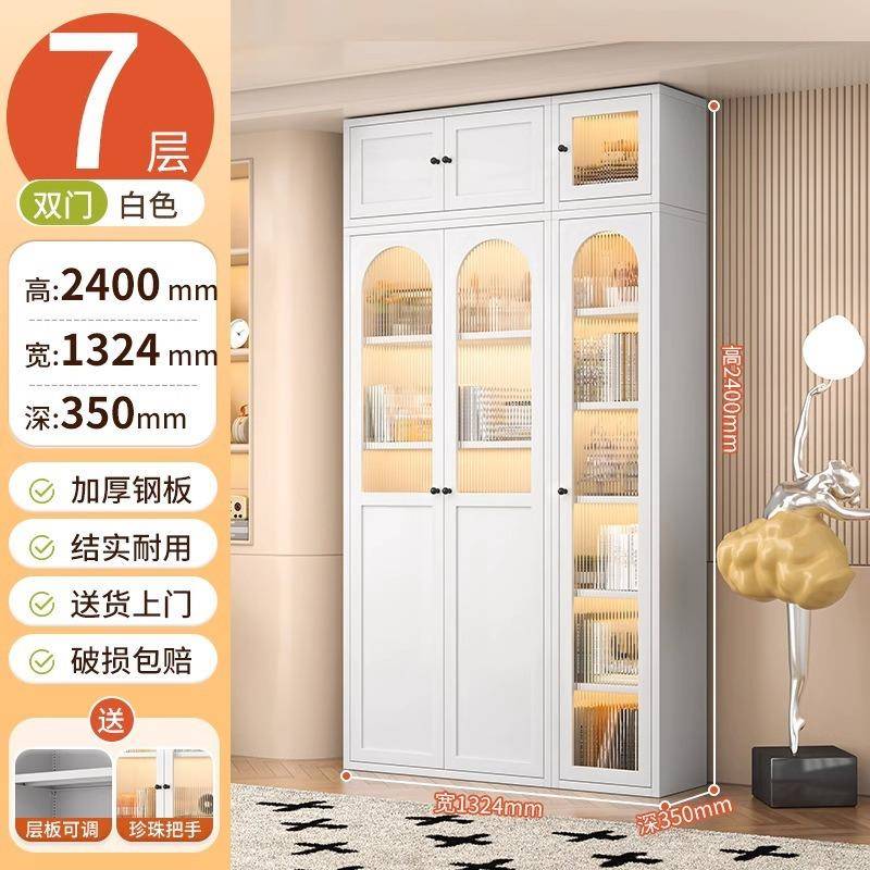 制艺书柜透明玻璃门展示铁艺家用置钢物柜满墙组合SG1铁双开门书柜柜