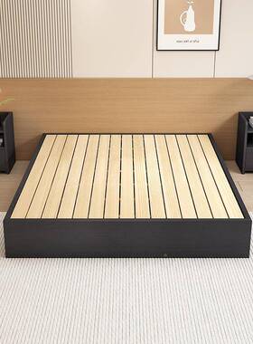 实木用床板约现代色榻榻EYR米黑无床头地台床落地简家卧室民宿排