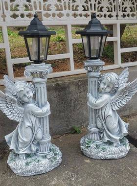 跨境新款复古花园摆树件天使太QTY72127阳能灯庭别院墅脂工艺装饰