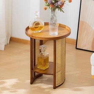 圆形几客厅家用茶台奶油风小LAX小户型阳台茶桌多功能藤编小茶子