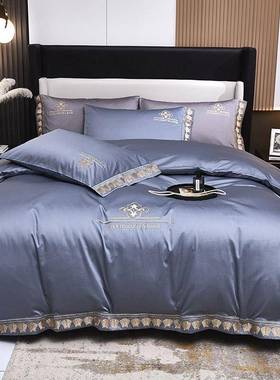 轻奢高端10s绣长绒棉四支件套0全棉千AL101120鸟格刺被套纯棉床单