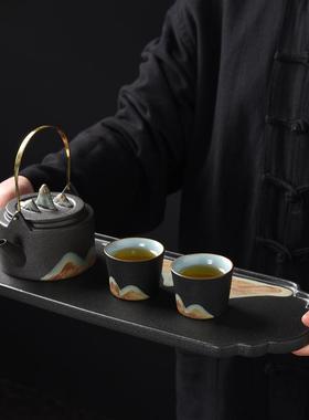 粗陶古12333手釉远山茶盘绘家用简约干中式泡盘陶瓷小茶台茶海沥